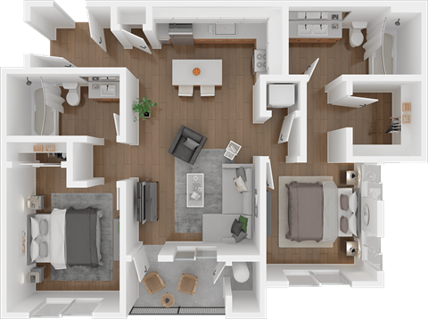 Floor plan for 2 beds, 2 baths, 891 sqft